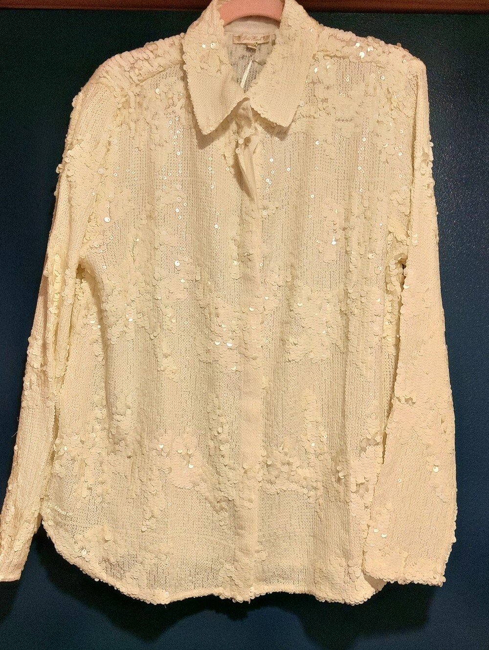Cream Sequin Textured Long Sleeve Blouse By Gold Hawk Size Medium